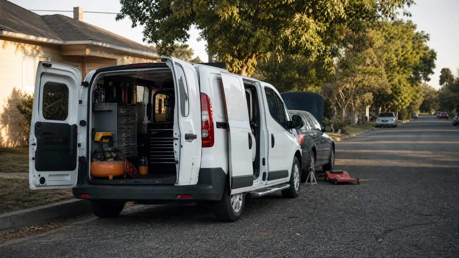 Mobile mechanic van with doors open to drawer units and a compressor, parked behind a car on a residential street